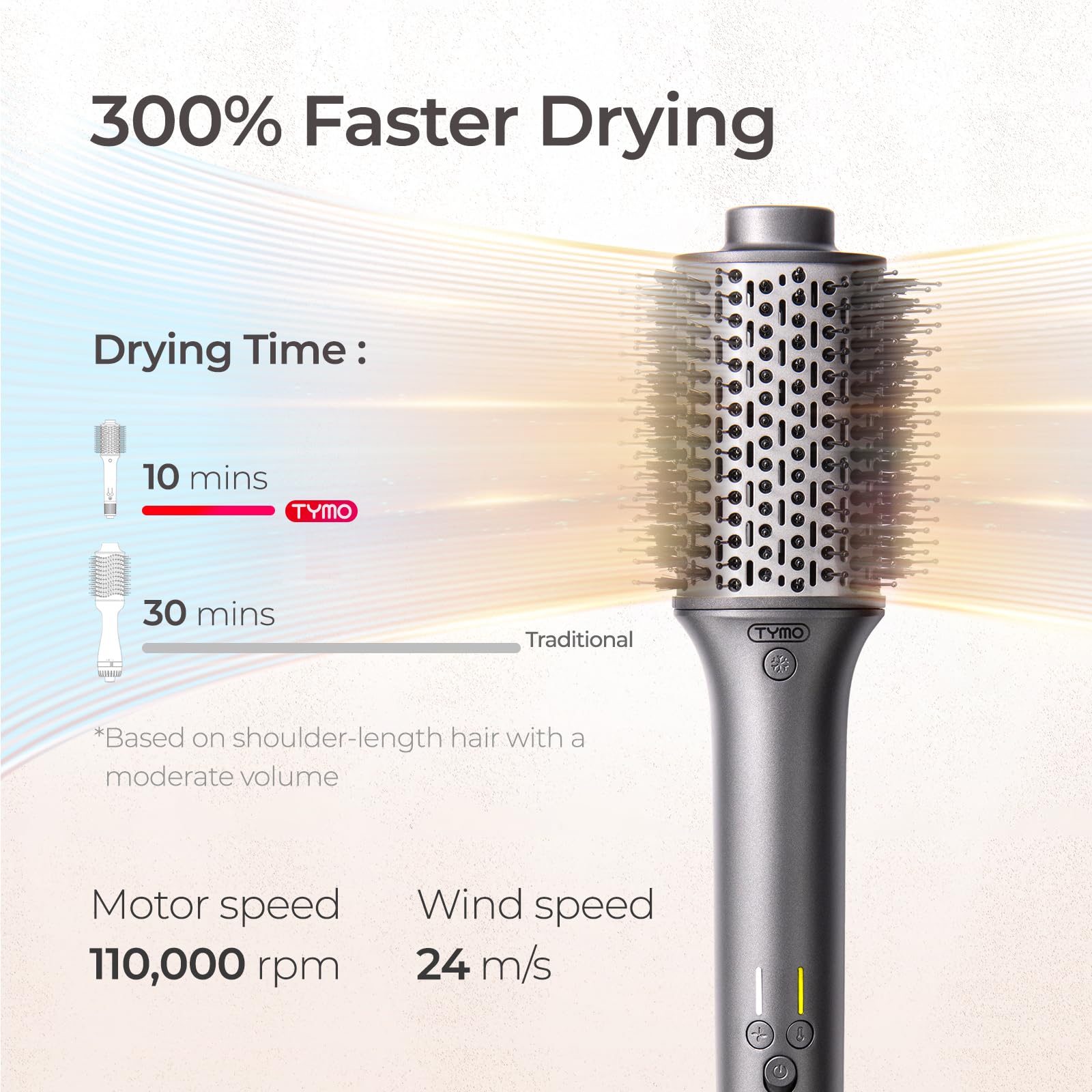TYMO high speed blow dryer brush base highlighting the ergonomic handle and modern speed control buttons