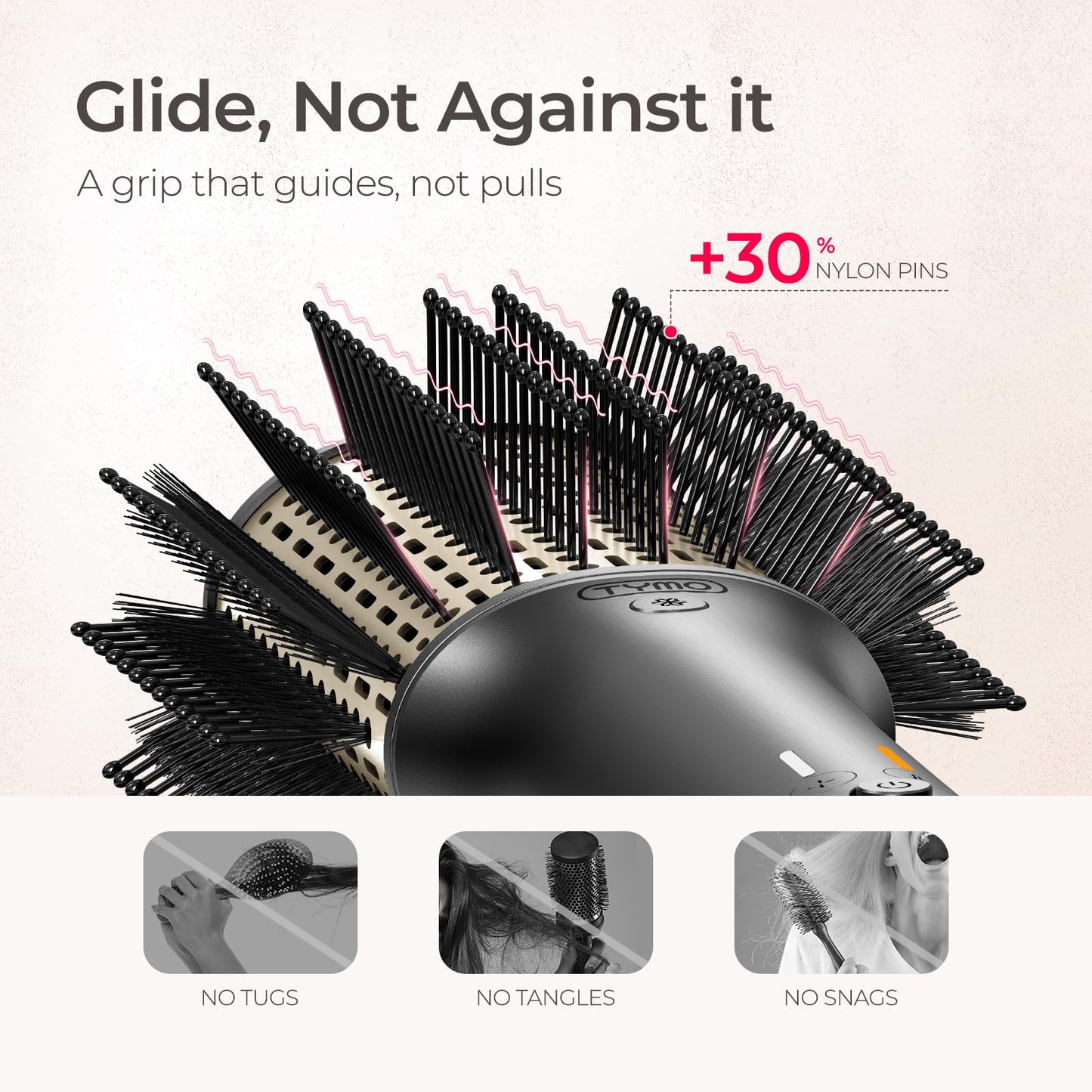 Rear view of the premium TYMO hair dryer brush handle showing the air intake vents and sleek finish