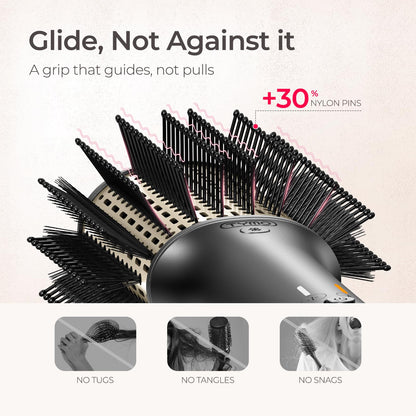 Rear view of the premium TYMO hair dryer brush handle showing the air intake vents and sleek finish
