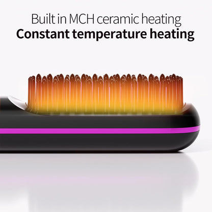 Close up view of the 3D anti scalding bristles and LED temperature display on the rechargeable styling tool.