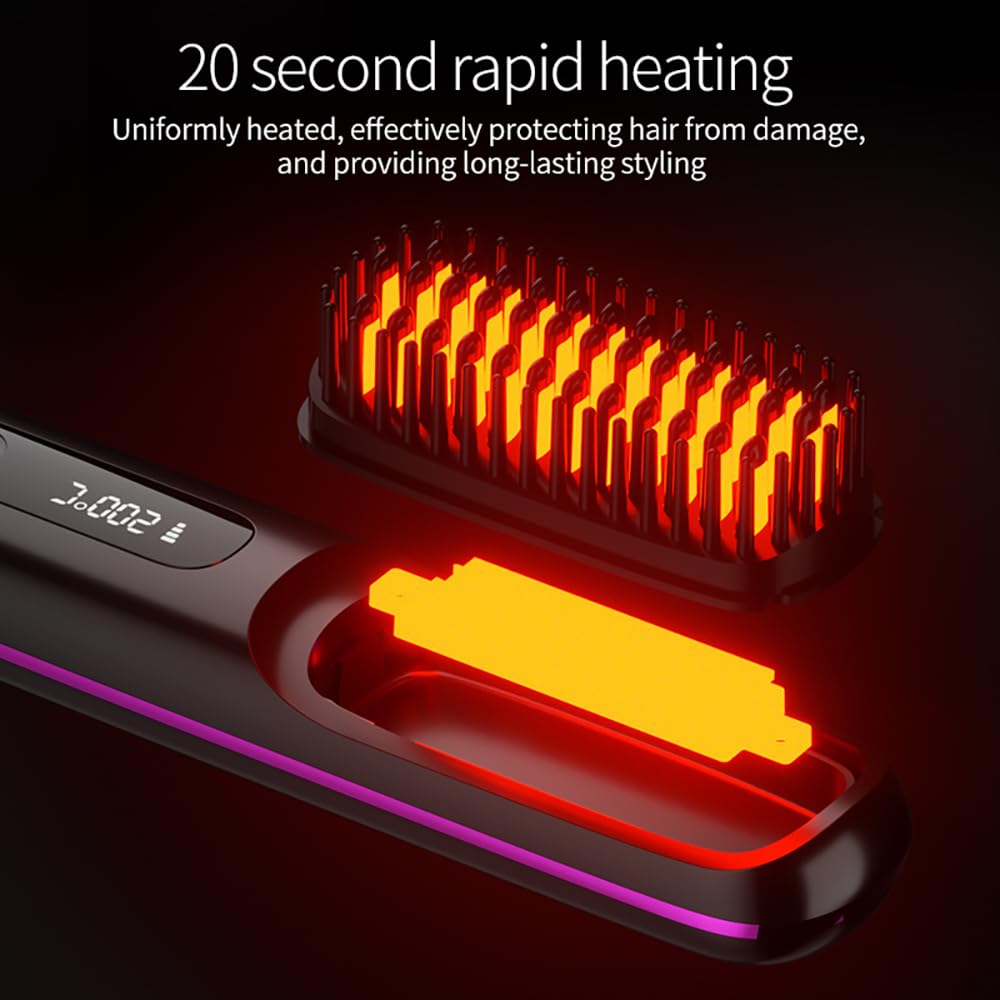 Rechargeable travel friendly hair straightener brush showcasing the built in USB-C charging port.