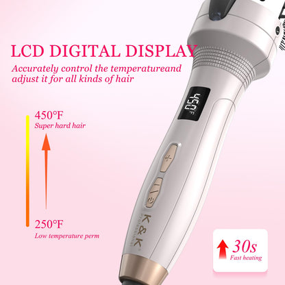 K&K two in one hair straightener and curler demonstrating dual voltage travel features