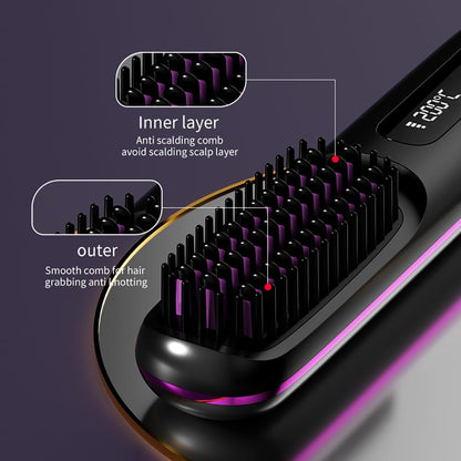 Compact cordless heated brush being held to illustrate its lightweight construction for travel.