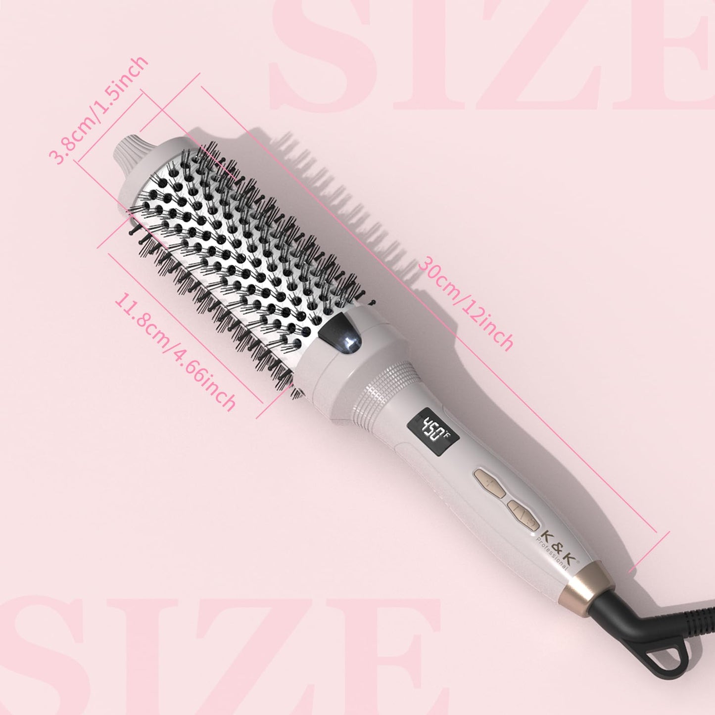 Side profile view of the K&K ceramic tourmaline ionic heated round brush styler