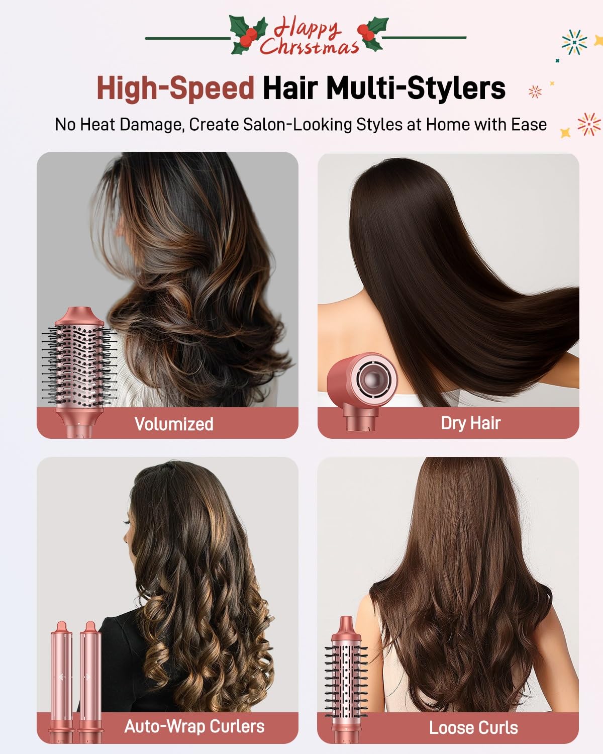 Hittiona high speed blow dryer brush showing five interchangeable attachments