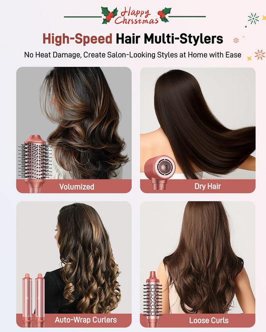 Hittiona high speed blow dryer brush showing five interchangeable attachments