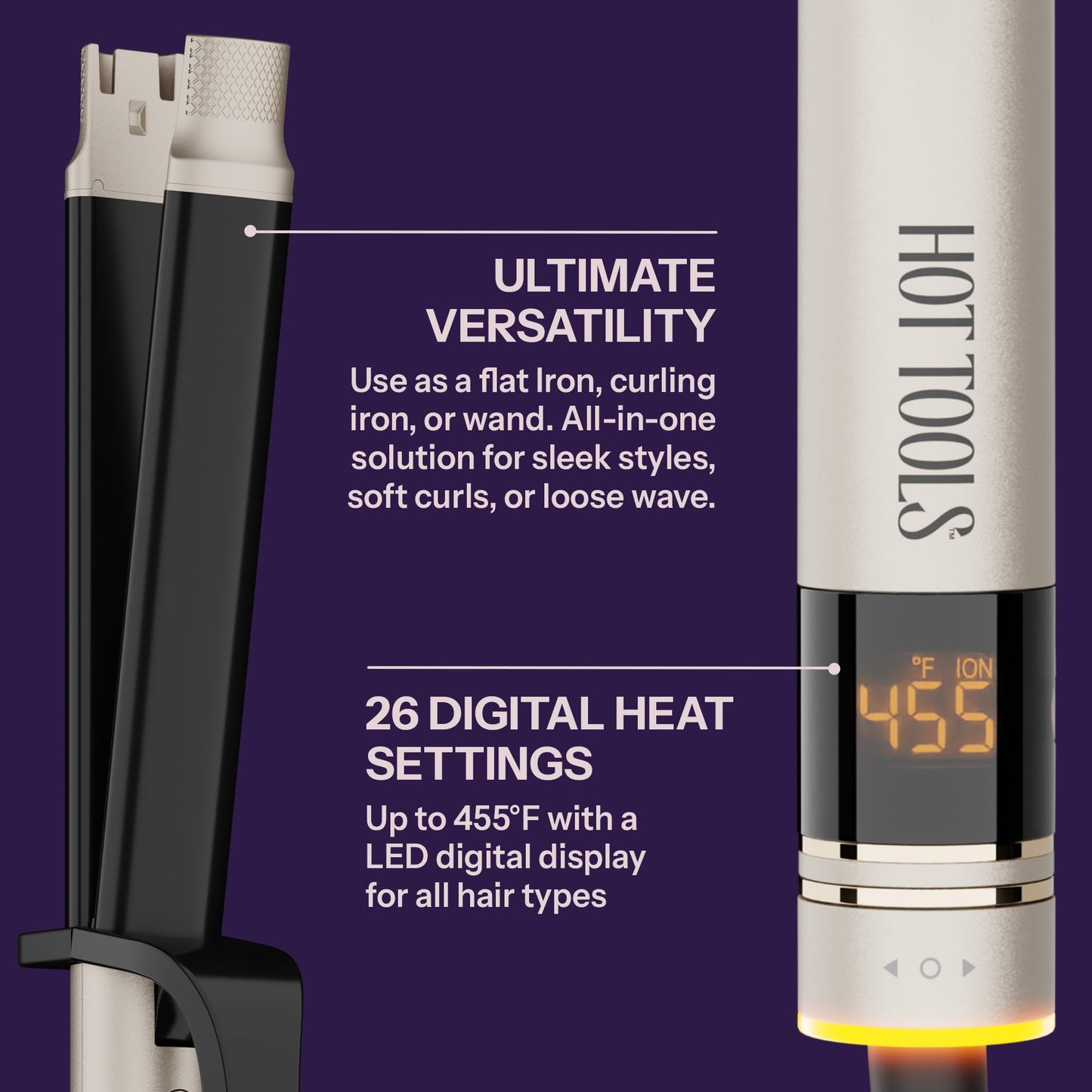 Hot Tools dual voltage hair straightener and curling iron tool displaying the long barrel design