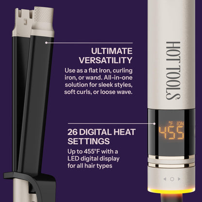 Hot Tools dual voltage hair straightener and curling iron tool displaying the long barrel design