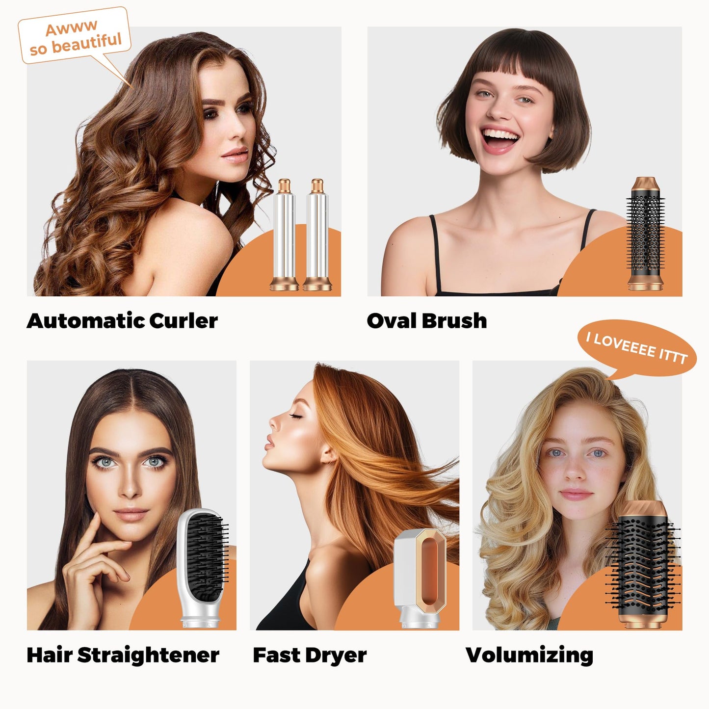 Six interchangeable heads including auto wrap curling barrels and straightening brush
