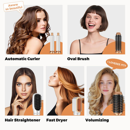 Six interchangeable heads including auto wrap curling barrels and straightening brush