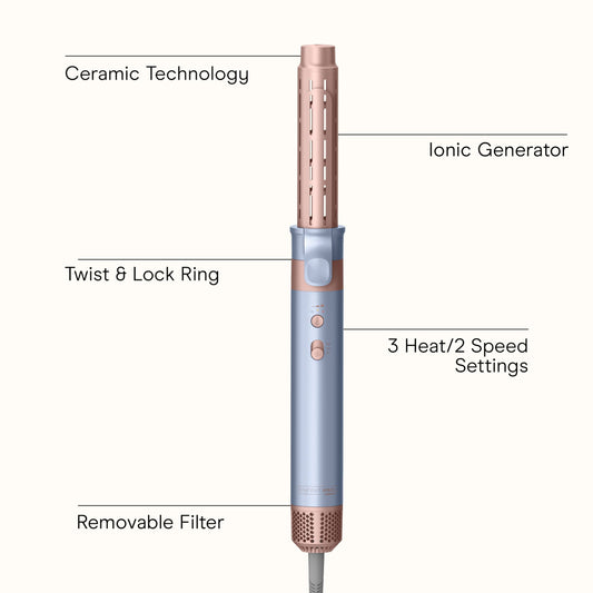 Conair air styling system displaying the four interchangeable attachments including the round brush and curling iron.