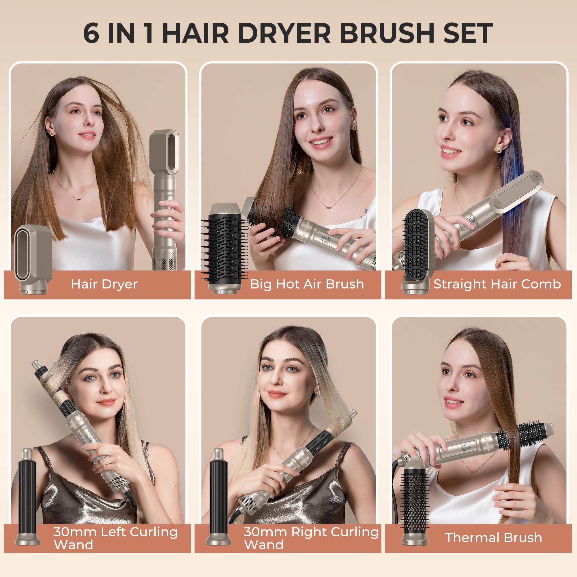 Champagne gold ionic hot air styler handle showcasing the power switch and attachment locking mechanism.