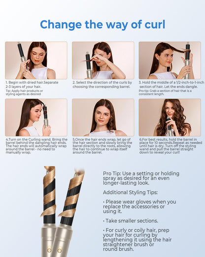 Left and right air curling wands demonstrating directional airflow arrows for automatic hair wrapping.