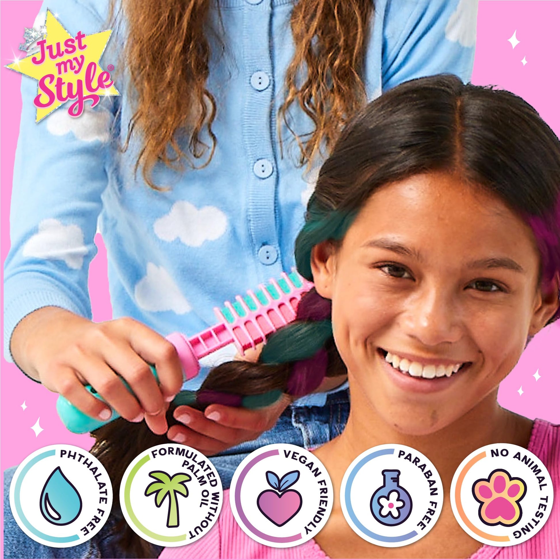 Over one hundred pieces of included hair accessories including pony beads and adhesive bling graphics