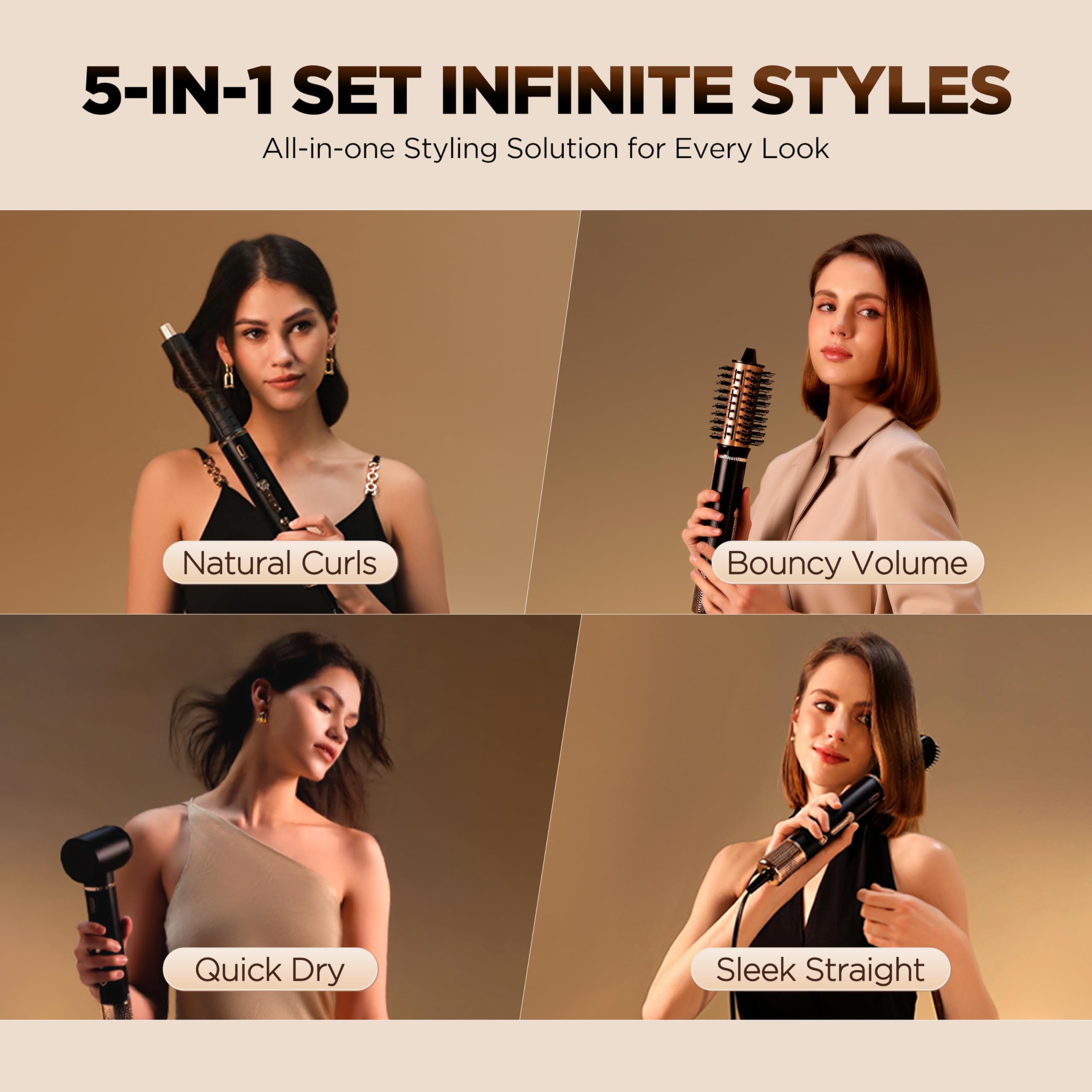 O.H.B high speed hair dryer brush with five interchangeable styling attachments displayed.