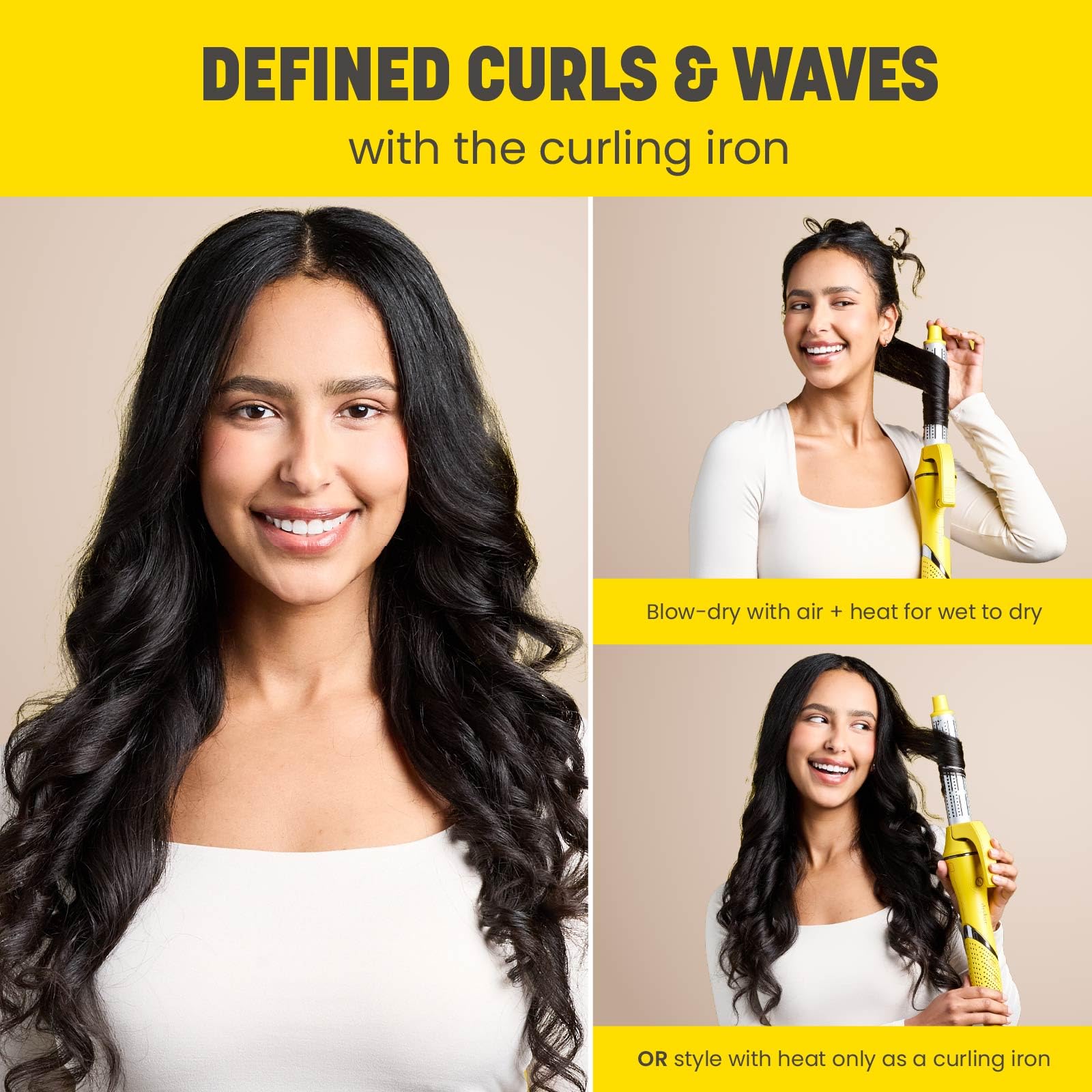 Side profile of the ergonomic handle and heat setting control buttons on the Drybar 8-in-1 device.