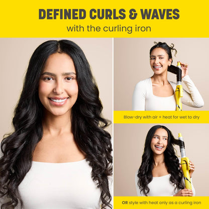 Side profile of the ergonomic handle and heat setting control buttons on the Drybar 8-in-1 device.