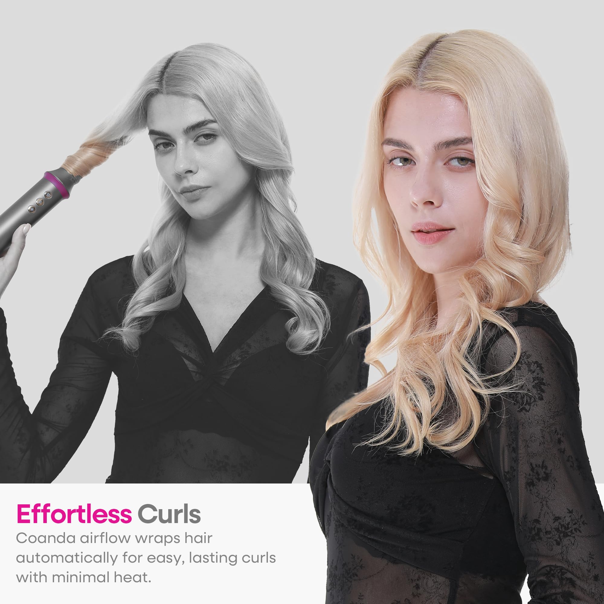 BLURISM multi air styler base unit displayed alongside all seven interchangeable styling attachments