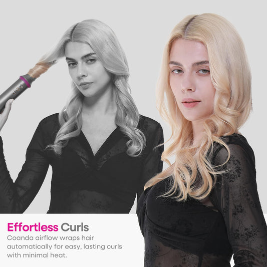 BLURISM multi air styler base unit displayed alongside all seven interchangeable styling attachments