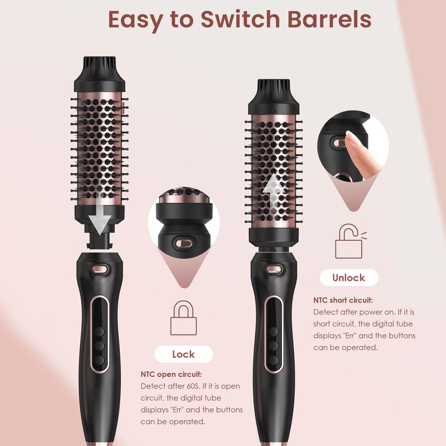 Atopskins blowout thermal brush showing the power button and heat adjustment controls
