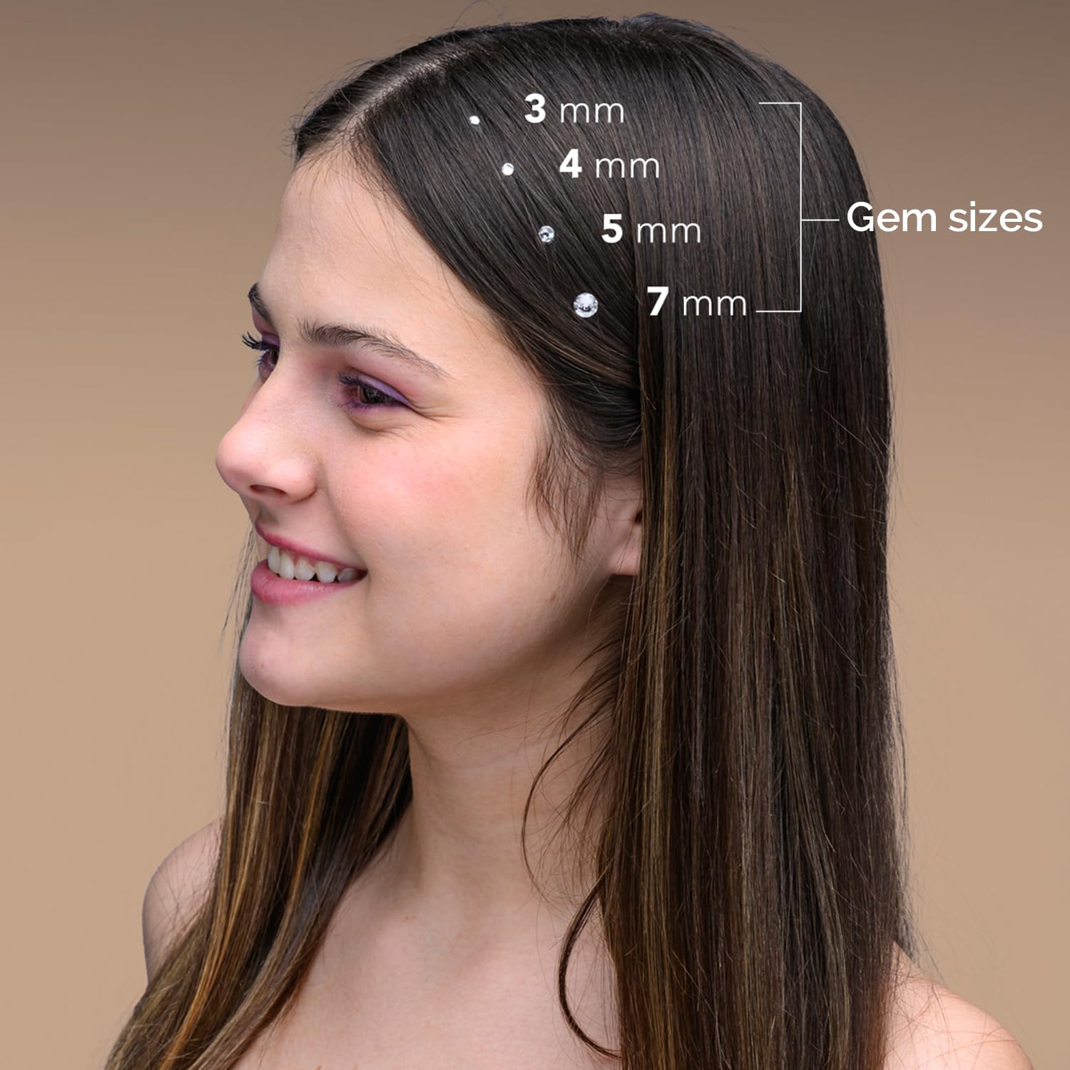Model showcasing sparkling pink and gold crystals applied safely to her hair