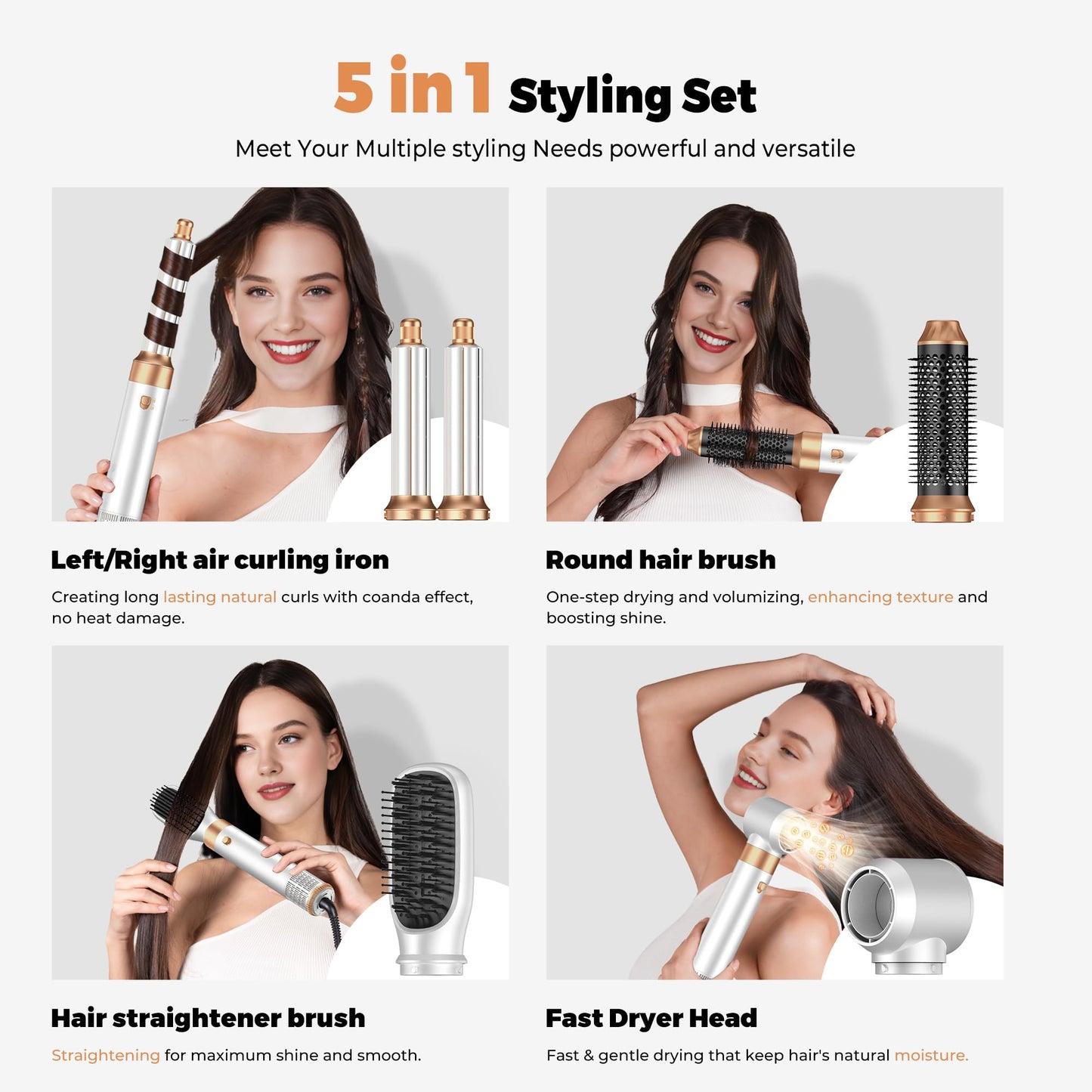 OKWRAP blow dryer curling wand set with all five interchangeable styling attachments organized neatly.
