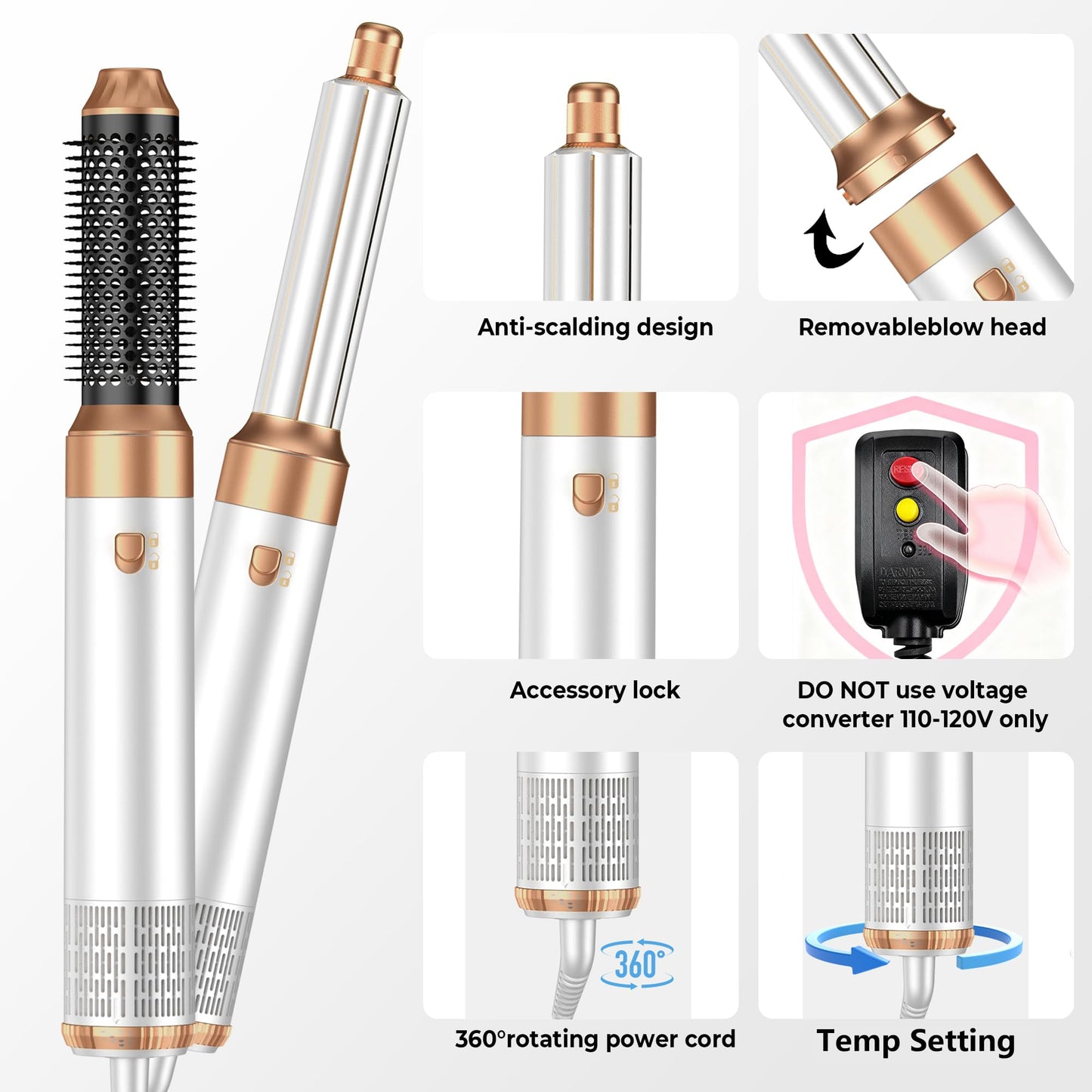 Full collection of the professional ionic hair blower attachments including the straightening comb.
