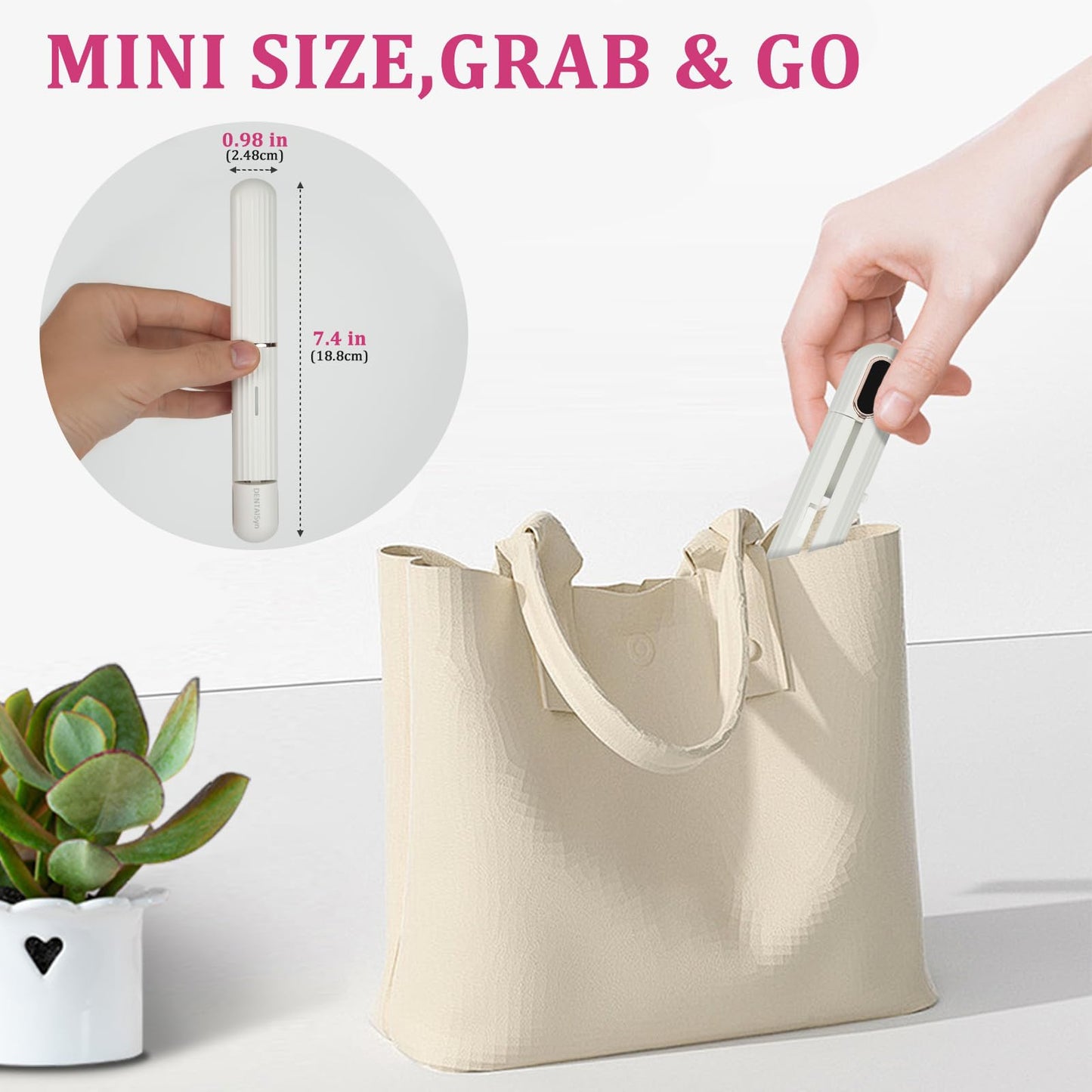 DENTAISyn travel hair straightener held in hand to illustrate the lightweight ergonomic grip.