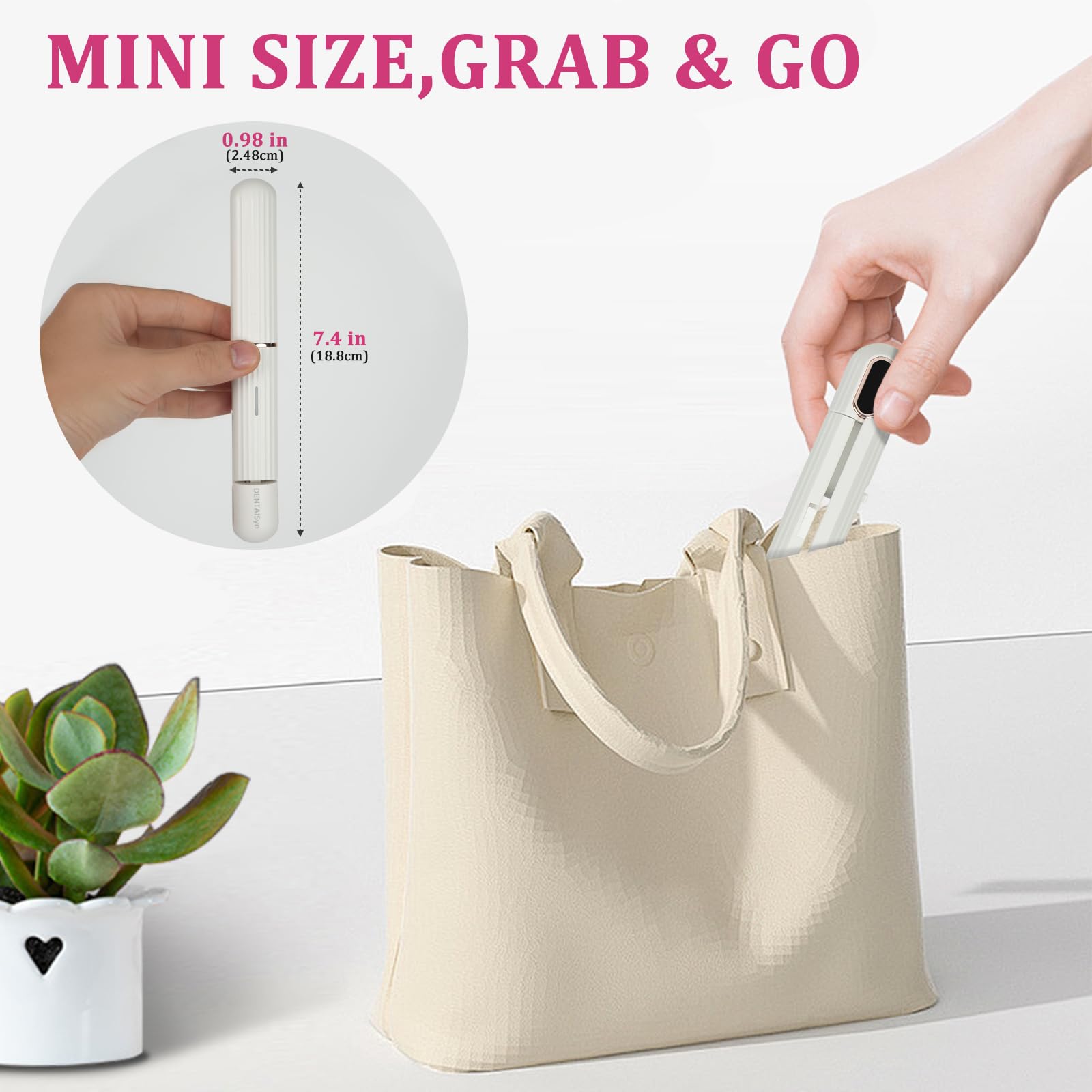 DENTAISyn travel hair straightener held in hand to illustrate the lightweight ergonomic grip.