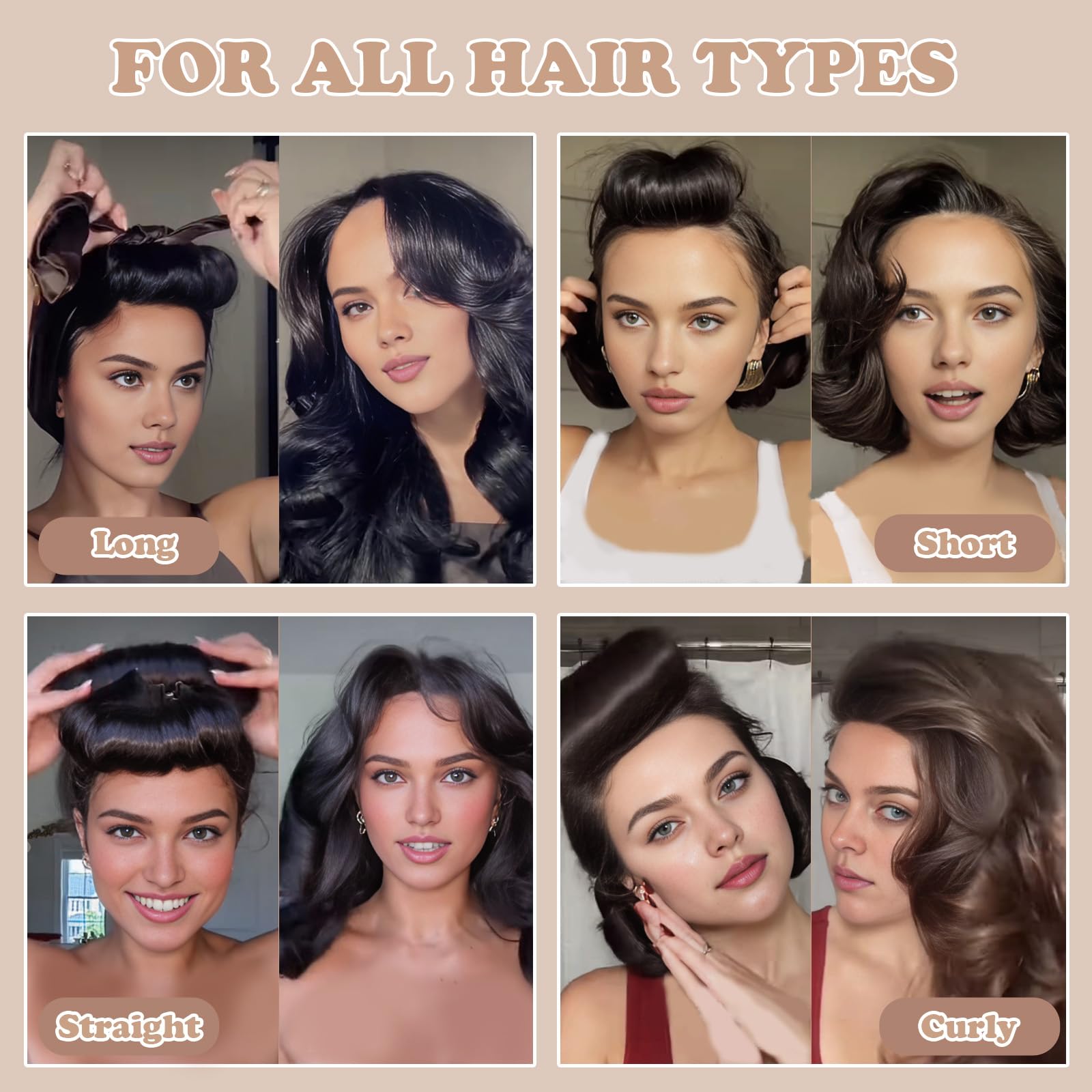 Before and after results showcasing a voluminous blowout look on long hair using heatless curlers