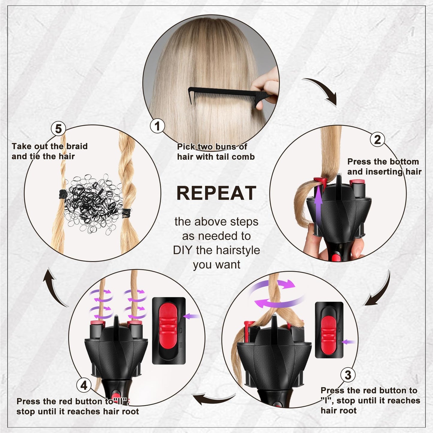 Close up view of the automatic electronic hair braiding machine hooks holding hair strands