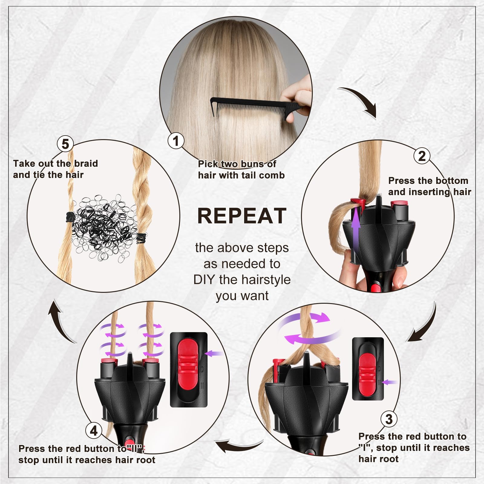 Close up view of the automatic electronic hair braiding machine hooks holding hair strands