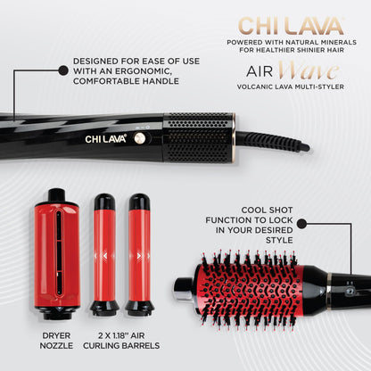 Black and red volcanic ceramic air styling tool with attachments for hair volume