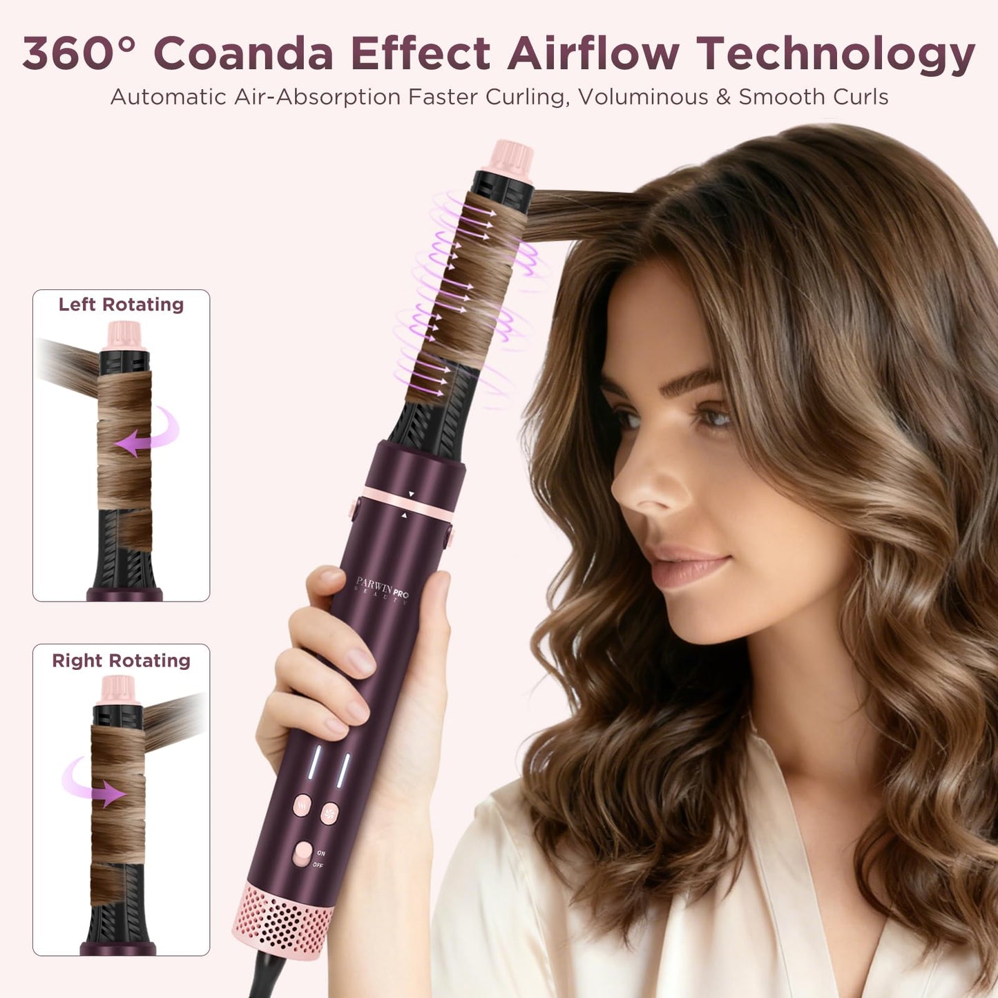 Close-up view of the 1.1-inch auto-wrap curler barrels attached to the high-speed hair dryer base.