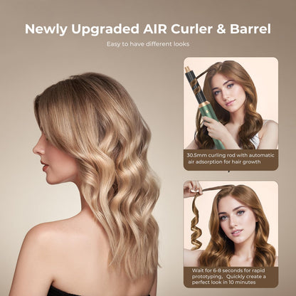 Detachable hot air brush heads and curling barrels displayed alongside the hair styler