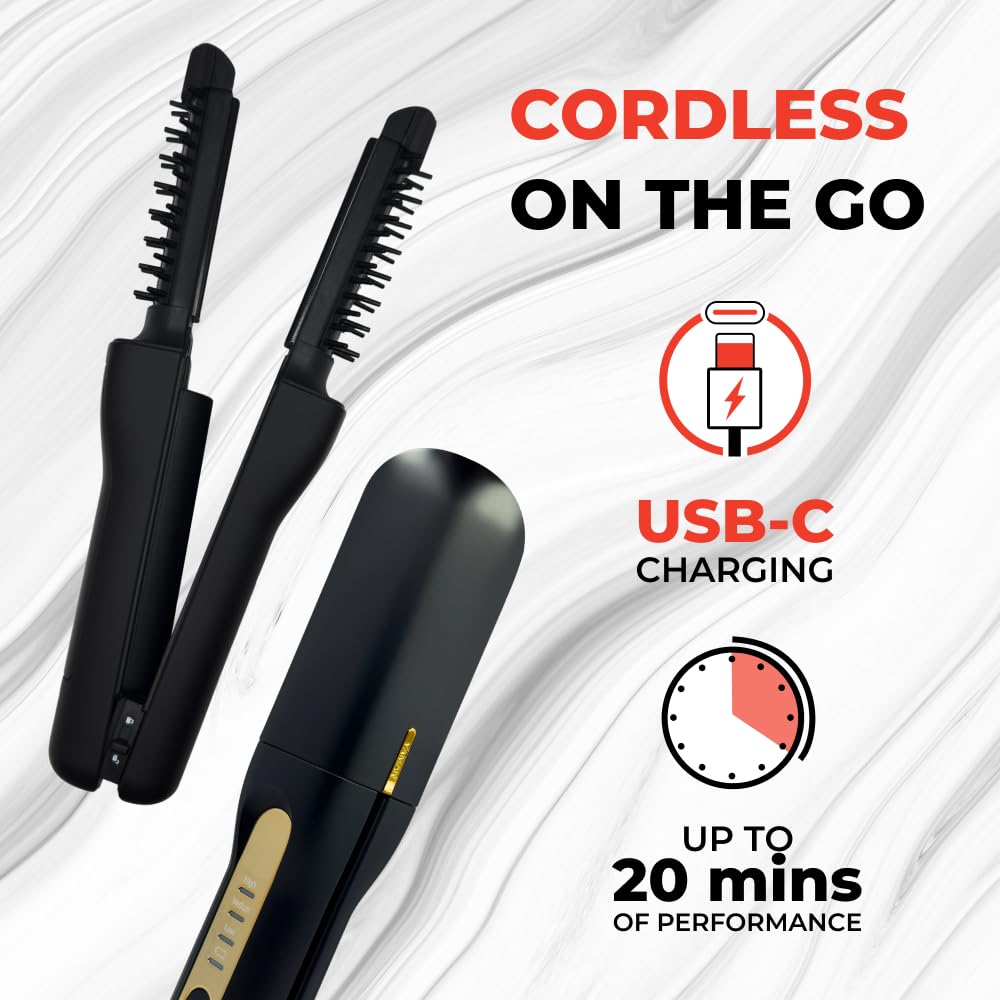 Premium black YA-MAN hybrid hot brush and flat iron showcasing the built in infrared red light therapy elements.