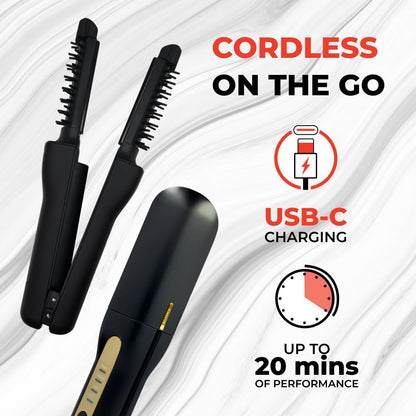 Premium black YA-MAN hybrid hot brush and flat iron showcasing the built in infrared red light therapy elements.