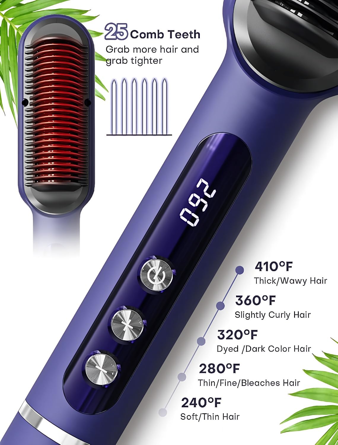 Danett premium heated hair brush showing the dual voltage plug and sleek blue ergonomics