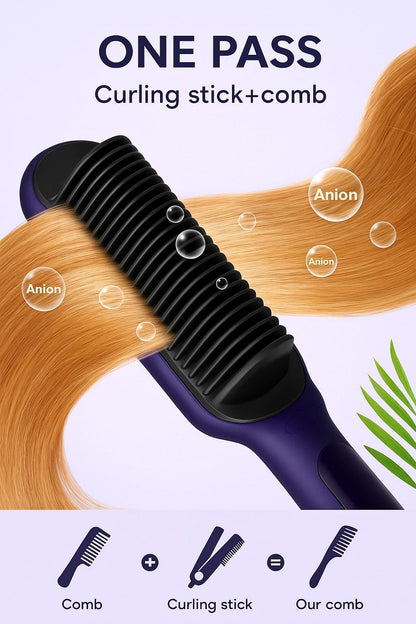 Danett negative ion hair straightener comb being used on thick wavy hair for frizz reduction