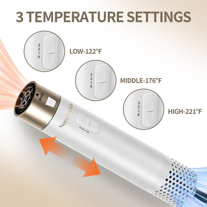Nora Styler volumizing round brush attachment creating bouncy waves and salon-style curls.