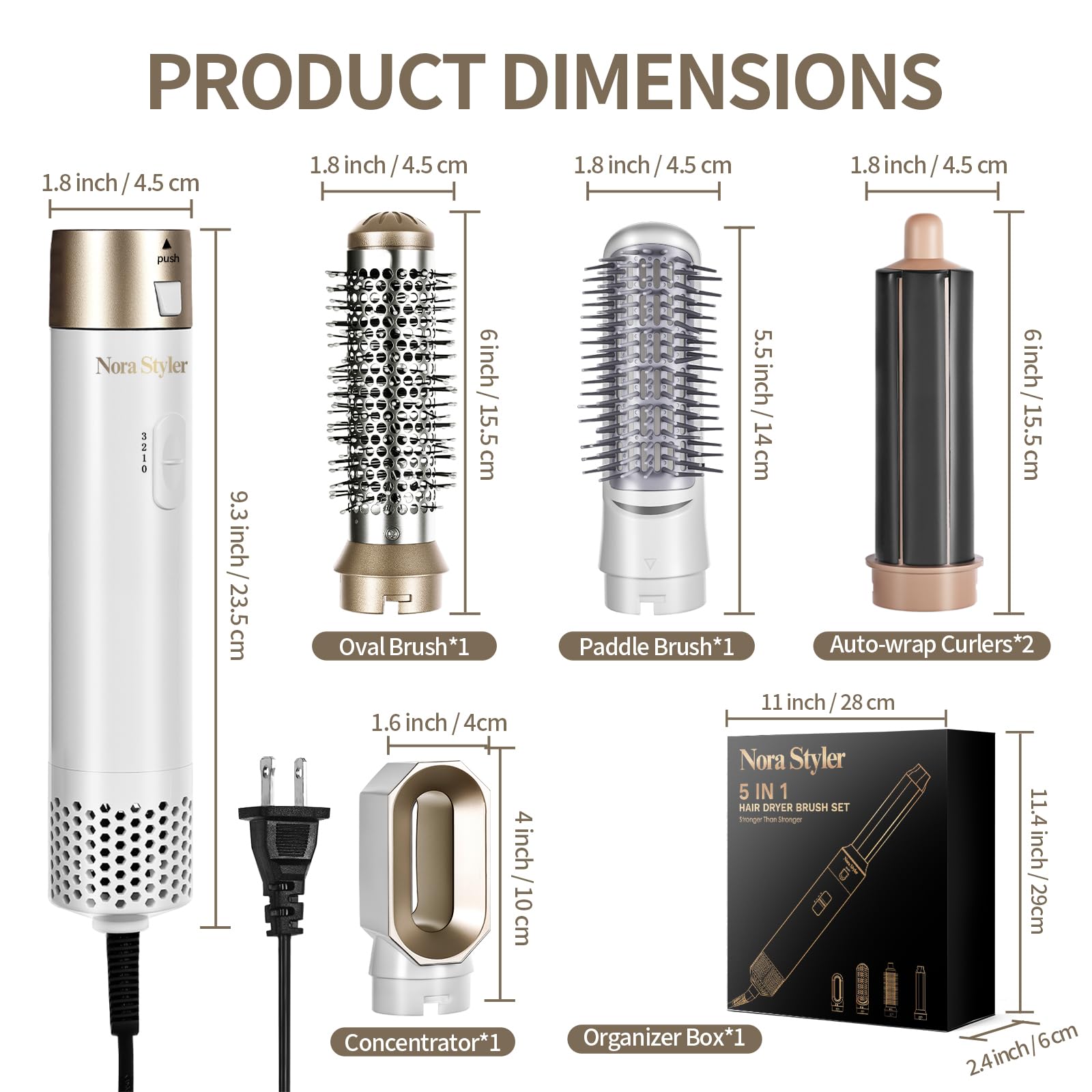 Complete Nora Styler 5-in-1 hair styling kit arranged neatly in its premium packaging box.