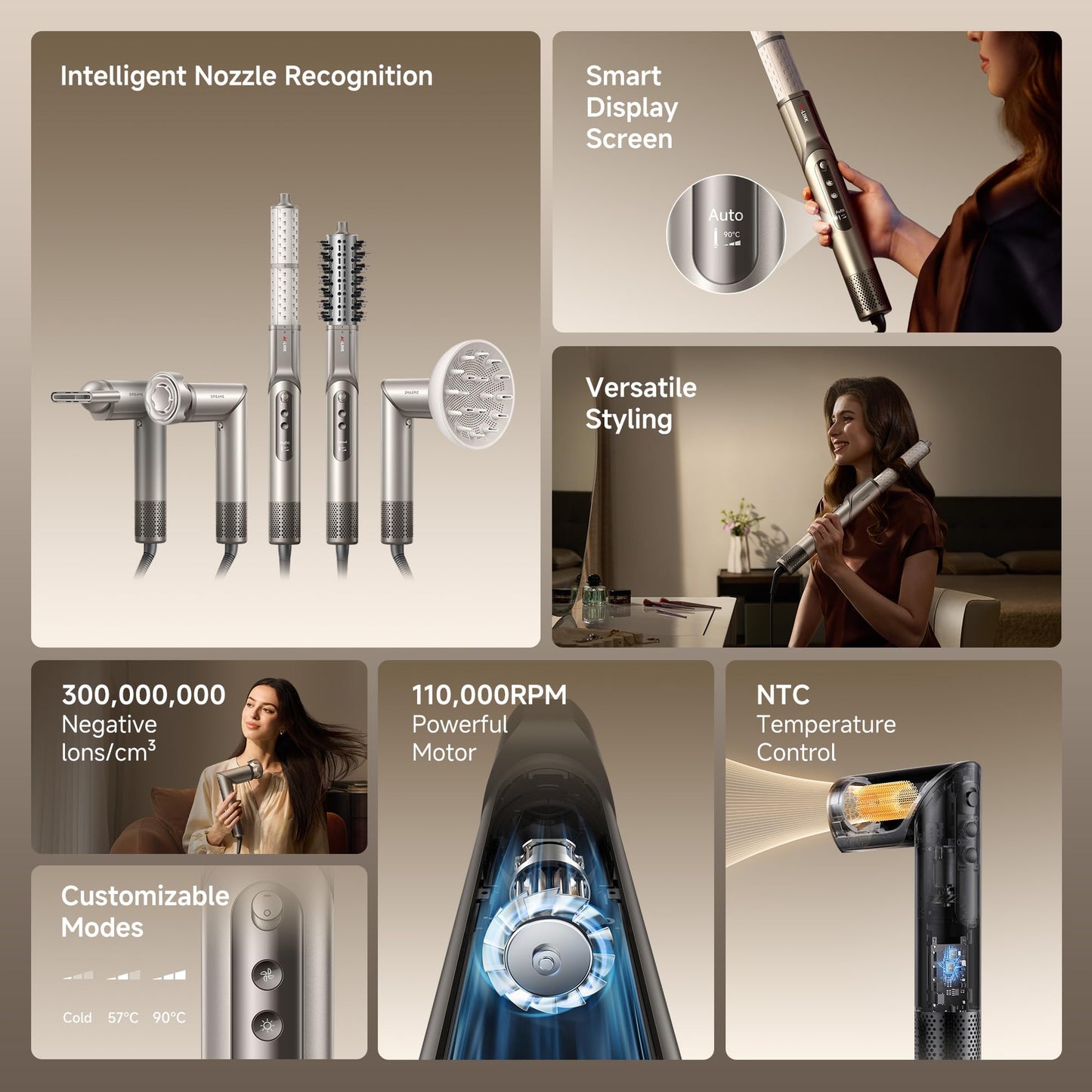 Dreame Dazzle multi hair dryer with five magnetic snap-on attachments displayed.