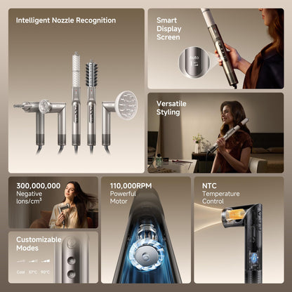 Dreame Dazzle multi hair dryer with five magnetic snap-on attachments displayed.
