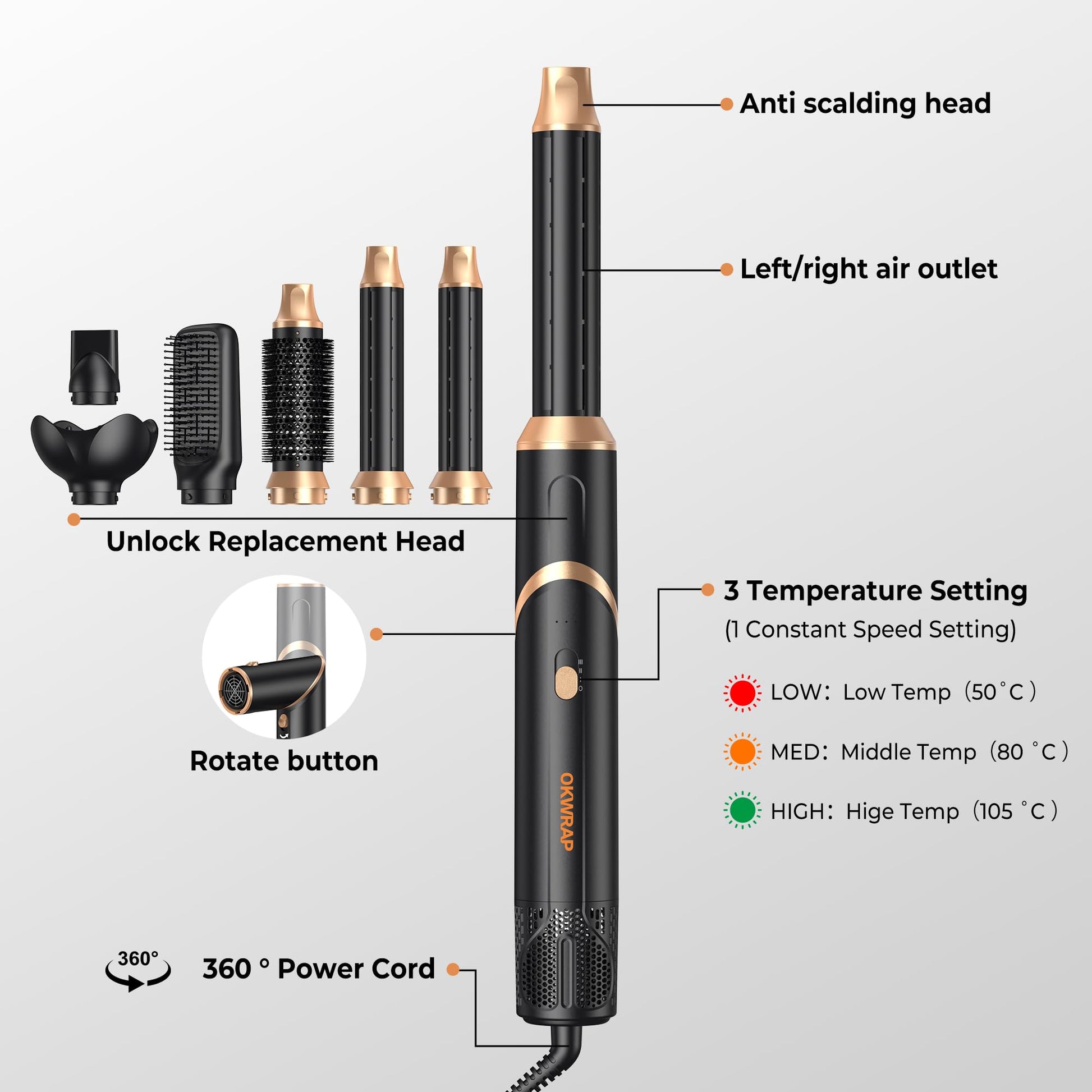 Premium retail packaging of the Trylater multi attachment hot air styling kit