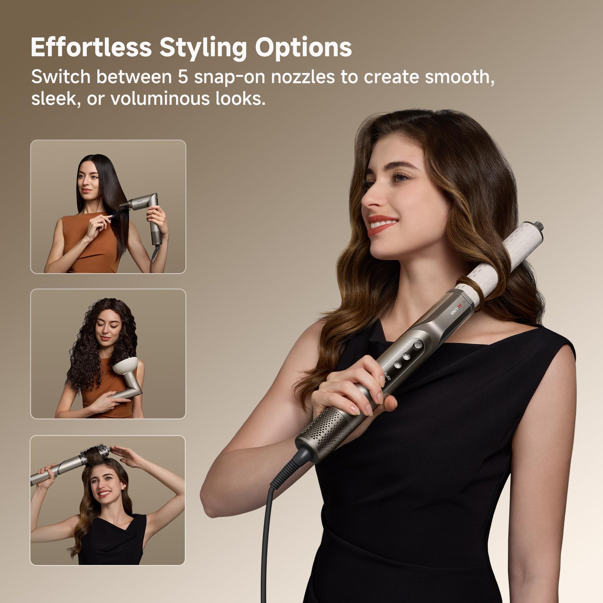 Dreame Dazzle sand gold hair dryer featuring the diffuser nozzle for curly hair styling.
