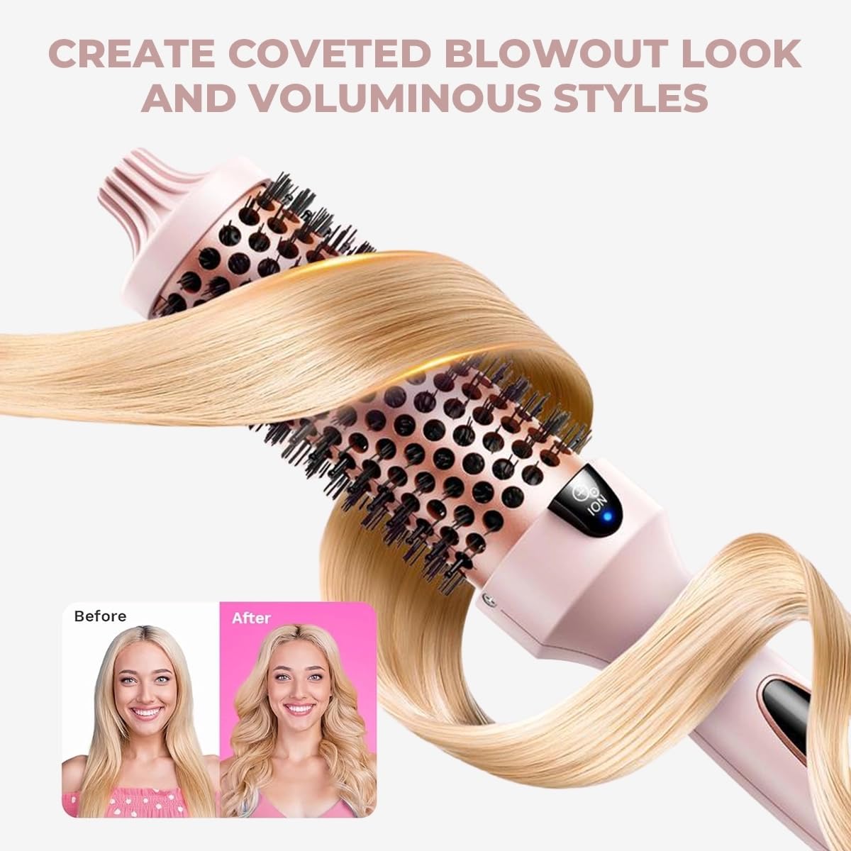 IUI Beauty heated round brush close up of snag free bristles and ceramic barrel