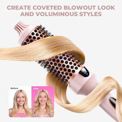 IUI Beauty heated round brush close up of snag free bristles and ceramic barrel