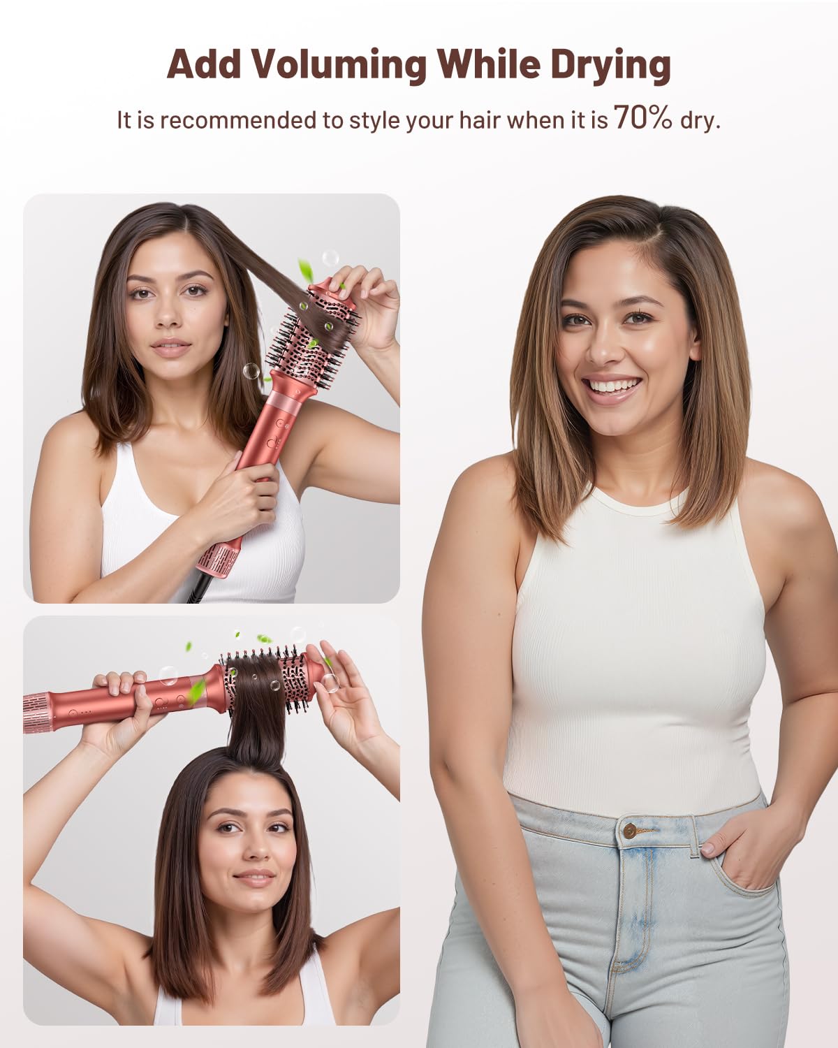 The volumizing round brush attachment attached to the red hot air styler base.