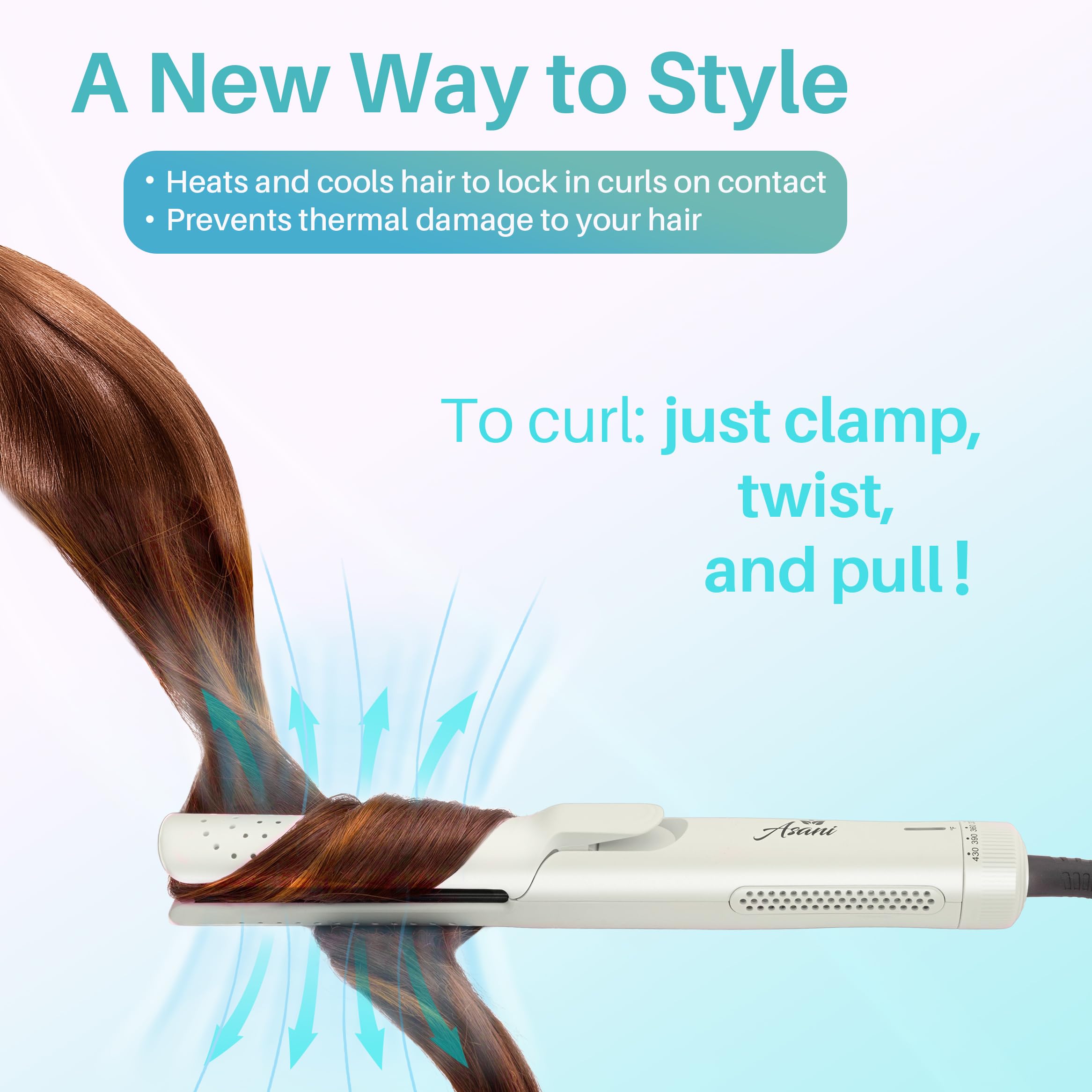 Asani pearl white dual purpose flat iron and curling wand showing the titanium plates