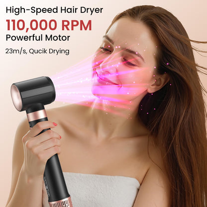 Mescomb professional high-speed hair dryer with travel case open illustrating neat storage of all styling attachments